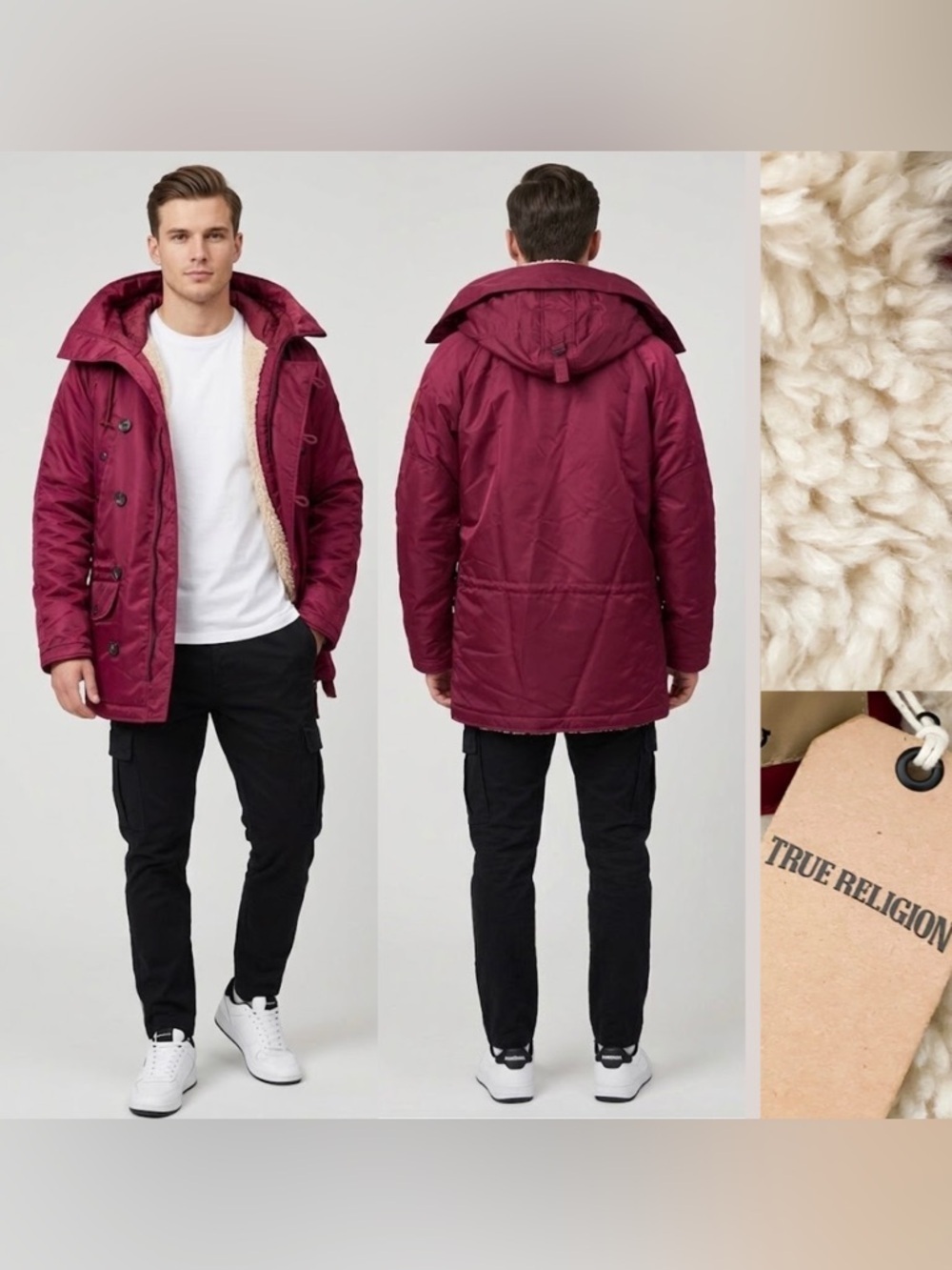 True Religion Men’s Parka Sherpa Zip Up Winter Jacket Hooded Coat Burgundy Red M